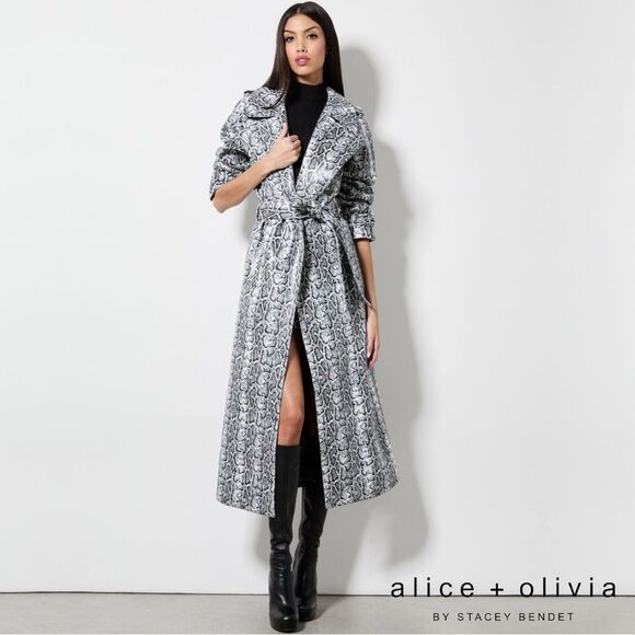 Alice + Olivia **NWT** Jarrett Vegan Leather Trench In Off White/Black Python - Picture 4 of 7